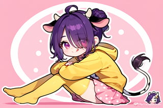 1girl, solo, looking at viewer, blush, smile, HAIR BUN,AHOGE, HAIR OVER ONE EYE,TONGUE OUT, PINK eyes, skirt, thighhighs, long sleeves, WHITE COW ears, FETAL POSITION, tail, DARK PURPLE hair, :d, hood, bag, YELLOW thighhighs,WHITE COW tail, fluff, hoodie, PINK skirt, hood down, polka dot, COW girl, YELLOW hoodie,CHIBI,EYE VISIBLE THROUGH HAIR,MOLE UNDER EYES