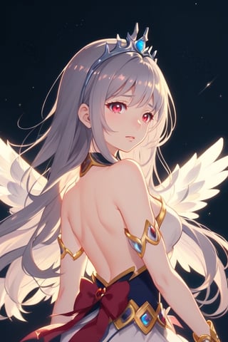 Magical girl, silver long hair, red eyes, tiara, bracelet, gray wings, praying at sky, anime style

Subject: Magical girl with silver long hair, red eyes, tiara, bracelet, gray wings

[2] A captivating magical girl with cascading silver long hair that glimmers like moonlight, her mesmerizing red eyes brimming with determination. A delicate tiara adorns her forehead, and a shimmering bracelet adorns her wrist, symbolizing her connection to ancient powers. Majestic gray wings extend from her back, a testament to her ethereal nature.
[3] The sky transforms into a vibrant canvas, ablaze with a breathtaking palette of pinks and purples, as if the heavens themselves respond to her prayers. Celestial bodies twinkle in the background, adding a touch of cosmic wonder to the scene.
[4] The atmosphere is filled with a sense of awe and reverence, as if the very air holds its breath in anticipation of the magical girl's transcendental abilities. The serenity of the moment is palpable, creating a tranquil and sacred ambiance.
[5] Anime-style illustrations capture the dynamic movement and vivid colors, emphasizing the delicate details of the magical girl's outfit, from the intricate tiara to the flowing silver hair. The wings are depicted with a soft and ethereal glow, evoking a sense of enchantment.
[6] Naoko Takeuchi, CLAMP, Akihiko Yoshida, Studio Ghibli, Madoka Magica, Sailor Moon, Granblue, Final Fantasy, League of Legends —c 10 —ar 2:3