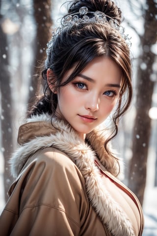 Mature lady, Sweet face, full body, very huge breast, charming eyes, looking to audience {beautiful and detailed eyes}, eye smile, sexy lips, delicate facial features, give a kiss to audience{{model pose}}, busty body type, (dark hair:1.2),  long ponytail, curly hair, hanfu(white, transparent), wearing big fur hat, wearing thick gloves, wearing fur scarf, wearing fur coat, winter, forest, snowing heavily, flim grain, masterpiece, Best Quality, natural and soft light photorealistic, ultra-detailed, finely detailed, high resolution, sharp-focus, glowing forehead, perfect shading, highres, photorealistic,perfect