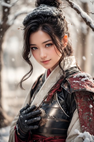 1 girl, very young girl, Sweet face, full body, charming eyes{beautiful and detailed eyes}, looking to audience (shy and embarrassed),  eyes smile, sexy lips, delicate facial features, , praying with hands together, approach to audience, busty body type, (dark hair:1.2), long ponytail, curly hair, winter hanfu, wearing fur hat, wearing leather gloves, winter, forest, snowing heavily, flim grain, masterpiece, Best Quality, natural and soft light photorealistic, ultra-detailed, finely detailed, high resolution, sharp-focus, glowing forehead, perfect shading, highres, photorealistic,perfect hand