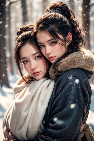 2 Mature lady{hugging each other}, Sweet face, full body, very huge breast, charming eyes, looking to audience {beautiful and detailed eyes}, eye smile, sexy lips, delicate facial features, give a kiss to audience{{model pose}}, busty body type, (dark hair:1.2),  long ponytail, curly hair, hanfu(white, transparent), wearing big fur hat, wearing thick gloves, wearing fur scarf, wearing fur coat, winter, forest, snowing heavily, flim grain, masterpiece, Best Quality, natural and soft light photorealistic, ultra-detailed, finely detailed, high resolution, sharp-focus, glowing forehead, perfect shading, highres, photorealistic,perfect