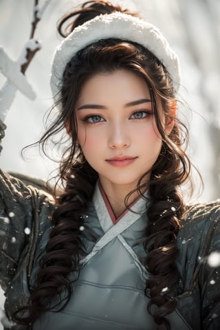 1 girl, young girl, Sweet face, full body, charming eyes{beautiful and detailed eyes}, looking to audience (shy and embarrassed), evil smile, sexy lips, delicate facial features, busty body type, (dark hair:1.2),  long ponytail, curly hair, {{model pose}},  hanfu(white, transparent), wearing fur hat, wearing leather gloves, winter, forest, snowing heavily, flim grain, masterpiece, Best Quality, natural and soft light photorealistic, ultra-detailed, finely detailed, high resolution, sharp-focus, glowing forehead, perfect shading, highres, photorealistic,perfect hand,perfect,hand