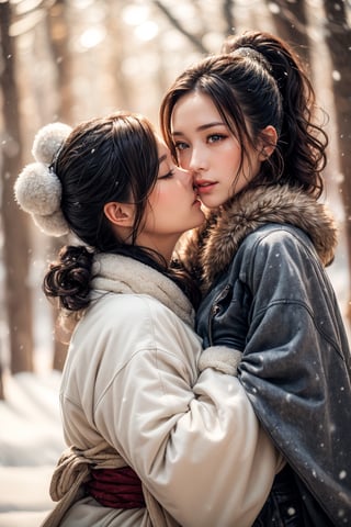 2 Mature lady{hugging and kiss each other}, Sweet face, full body, very huge breast, charming eyes, looking to audience {beautiful and detailed eyes}, eye smile, sexy lips, delicate facial features, busty body type, (dark hair:1.2),  long ponytail, curly hair, hanfu(white, transparent), wearing big fur hat, wearing thick gloves, wearing fur scarf, wearing fur coat, winter, forest, snowing heavily, flim grain, masterpiece, Best Quality, natural and soft light photorealistic, ultra-detailed, finely detailed, high resolution, sharp-focus, glowing forehead, perfect shading, highres, photorealistic,perfect