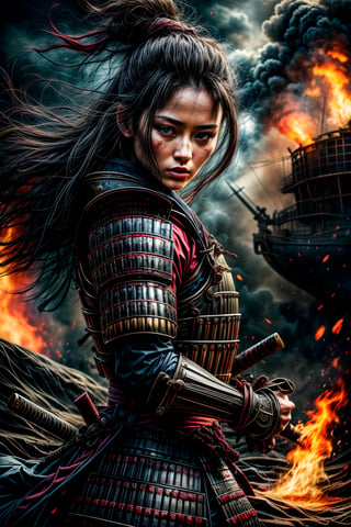 Female samurai, charming eyes, sexy lips, long hair, cool face, huge_breast, sideways, bright blue samurai armour, swinging samurai sword, battle_stance, full_body, canon shelling, explorsion, flames, pirate ship on fire, bright lights, on the sea, sharp focus, perfect shading, masterpiece, best quality, extremely detailed, highres, photorealistic, hand,fingers,oil painting