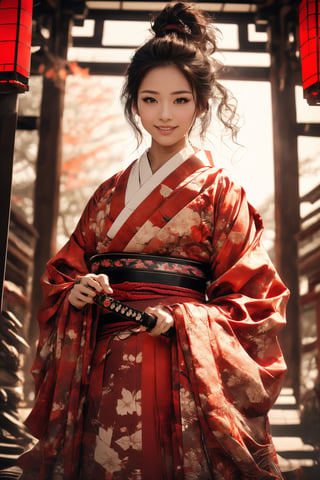 1girl, Sweet face, full body, very huge breasts, charming eyes, looking to audience, {beautiful and detailed eyes}, eye smile, ((nervous and embarrassed)), sexy lips, delicate facial features,((model pose)), Glamor body type, (dark hair:1.2),  long ponytail, curly hair, Female Samurai, {{holding a Japanese Sword}}, beautiful hanfu(red, transparent), Japan temple, autumn morning, under maple tree, (maple leaf scattered), flim grain, masterpiece, Best Quality, natural and soft light photorealistic, ultra-detailed, finely detailed, high resolution, sharp-focus, glowing forehead, perfect shading, highres, photorealistic,perfect