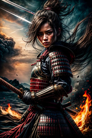 Female samurai, charming eyes, sexy lips, long hair, cool face, huge_breast, sideways, bright blue samurai armour, swinging samurai sword, battle_stance, full_body, canon shelling, explorsion, flames, pirate ship on fire, bright lights, on the sea, sharp focus, perfect shading, masterpiece, best quality, extremely detailed, highres, photorealistic, hand,fingers,oil painting