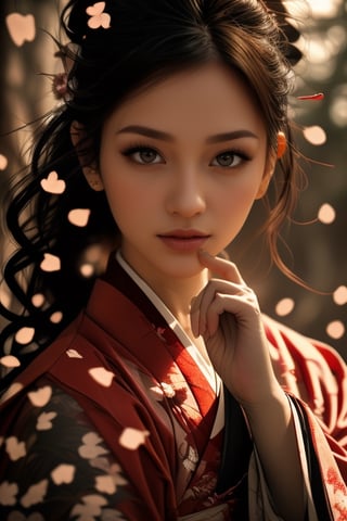 1girl, Sweet face, full body, very huge breasts, charming eyes, looking to audience, {beautiful and detailed eyes}, eye smile, ((nervous and embarrassed)), sexy lips, delicate facial features,((model pose)), Glamor body type, (dark hair:1.2),  long ponytail, curly hair, Female Samurai, {{holding a Japanese Sword}}, beautiful hanfu(red, transparent), Japan temple, spring morning, under sakura tree, (sakura petals scattered), flim grain, masterpiece, Best Quality, natural and soft light photorealistic, ultra-detailed, finely detailed, high resolution, sharp-focus, glowing forehead, perfect shading, highres, photorealistic,perfect,<lora:659111690174031528:1.0>