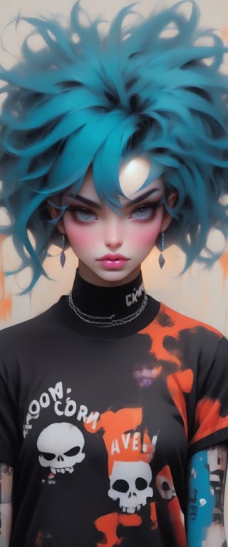 tomboy girl, punk attitude, toxic palette, messy hairstyle, merge vibrant of pop art style and gloominess of gothic style, intricate detail, dark comedy embience,TechStreetwear,Vitiligo