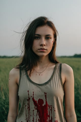 Medium shot of a girl wear tanktop wity blood in the war field