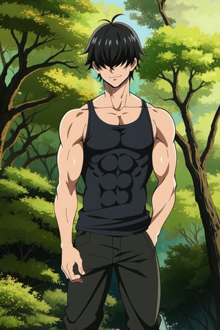 solo, looking _at_viewer, short hair, bangs, shirt, black hair, 1boy, detalied_background, short sleeves, male focus, Solo, looking at viewer, smile, short hair, bangs, shirt, black hair, 1boy, short sleeves, male focus, pants, black shirt, muscular, scar, abs, pectorals, muscular male, scar on face, hands in pockets, tight, covered abs, tight shirt, fushiguro toji, muscular male, black shirt, hands_in_pockets, Hair over eyes , nanatsu_no_taizai_style, hair over eyes, Hair over eyes, no_eyes, forest, tank_top, :)