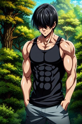 solo, looking _at_viewer, short hair, bangs, shirt, black hair, 1boy, detalied_background, short sleeves, male focus, Solo, looking at viewer, smile, short hair, bangs, shirt, black hair, 1boy, short sleeves, male focus, pants, black shirt, muscular, scar, abs, pectorals, muscular male, scar on face, hands in pockets, tight, covered abs, tight shirt, fushiguro toji, muscular male, black shirt, hands_in_pockets, Hair over eyes , nanatsu_no_taizai_style, hair over eyes, Hair over eyes, no_eyes, forest, tank_top, :)