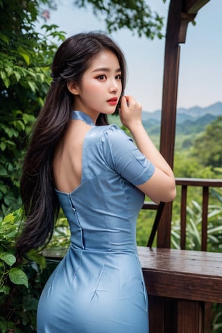 (((masterpiece))),best quality, illustration,(beautiful detailed girl),beautiful detailed glow,(beautiful detailed eyes),expressionless,azure hair,disheveled hair,long bangs, hairs between eyes,(skyblue dress),black ribbon,acmm ss outfit,Myanmar.viewed from behind