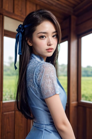 (((masterpiece))),best quality, illustration,(beautiful detailed girl),beautiful detailed glow,(beautiful detailed eyes),expressionless,azure hair,disheveled hair,long bangs, hairs between eyes,(skyblue dress),black ribbon,acmm ss outfit,Myanmar.viewed from behind