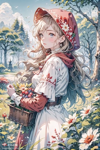 Masterpiece, beautiful details, perfect focus, uniform 8K wallpaper, high resolution, exquisite texture in every detail, white background, flowers, outdoor, sky, looking at camera,
Deep in the heart of the forest, 1 girl, Little Red Riding Hood, her (((crimson hood))) drawn up over her golden locks, casting a warm glow against the shadows of the ancient trees. Her cloak, woven from the finest wool, drapes gracefully around her slender frame, adorned with intricate embroidery depicting delicate wildflowers. In her hand, she clutches a wicker basket, brimming with freshly picked berries and a loaf of warm bread, a gift for her beloved grandmother. Despite the eerie whispers of the forest, she walks with determination, her bright eyes alight with courage and innocence.,High detailed 