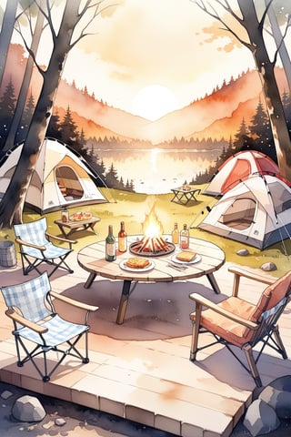 masterpiece, Sticker typography, best quality, aesthetic,Watercolor style,Camping element props, Camping lights included, Camping chair, Tent, Camping table, Camping sofas, forest, The setting sun, Warm atmosphere,There was a lot of food on the table