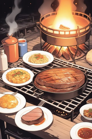 Cook a meal at the camp, Roast steak, There are gas canister lights on the table, Cassette furnace, Close-up