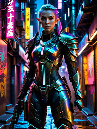 In a dimly lit, neon-lit alleyway, a stunning high elf mercenary stands out against the dark backdrop. Her heavily armored suit glistens with intricate details, as if crafted from watercolor hues. Sharp focus on her face accentuates her determined expression, while the surrounding environment is blurred, emphasizing her importance. The cyberpunk atmosphere is amplified by the faint glow of holographic advertisements and distant hum of machinery.