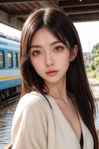 1girl, 25yo, Chihiro Ogino, beauty, beautiful face and eyes, kindness, innocence, justice, cuteness, train, river, town, medium shot