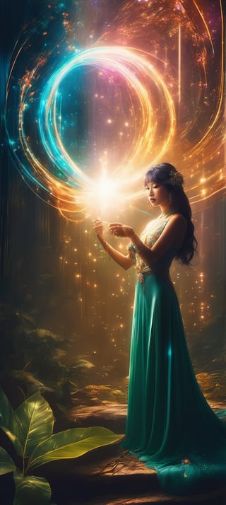 Magician, young woman with big breasts and long flowing hair stands elegantly in the mysterious forest and performs magic, light and shadow, ball of light, radiant light, flash, shine, halo, laser light, surrounded by silky light, mysterious atmosphere, fantasy, elegance, artistic display, high resolution,Asian Girl,aesthetic portrait,FilmGirl,LinkGirl,Beautiful,colorful,better photography,Girl,1 girl 