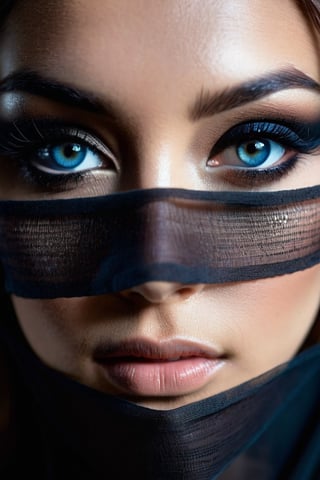 The left half of a woman's face wearing a (black chiffon face veil) is captured on a (extreme close-up:1.5) film photograph. It is pitch black and the light from the upper-left side falls on the half side of her face. The light isn't too bright, but It's just enough to barely reveal her magnificient cosmic blue eyes and the immediate areas around it in a very sharp, high detail, casting a striking effect on her retinas, making it shines and looked so gorgeous and identical to a woman's. The photograph should showcase (only the half side of her face, focusing mainly on her eye:1.3). Shot on a kodak, (half face), (front view:1.5), (facing viewer:1.5), (vignette:1.2), shallow depth of field, masterpiece, best quality, ultra hires, 4k, HDR,  sharp focus, vibrant colors, cinematic lighting, cinematic photography, hyper realistic, ultra detailed, detailed eyes, perfect eyes.,photorealistic