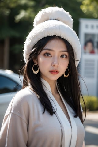 1girl, black hair, blurry background, blurry foreground, brown eyes, depth of field,Tibetan clothing,Chinese Tibetan clothing,Tibetan girl ,Tibetan headwear,Grey half body Tibetan robe,Tibetan Earrings,Tibetan jewelry,valiant and heroic in bearing, earrings, jewelry, lips, long hair, looking at viewer, motion blur, solo, standing