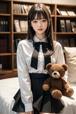 1girl,Glasses,1girl,solo,stuffed toy,stuffed animal,long hair,bow,looking at viewer,hair bow,smile,black hair,ribbon,brown hair,teddy bear,bangs,mole,14 y.o.high-waist skirt,rc,