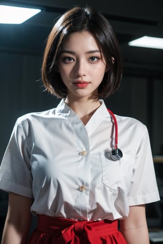 《The role of artificial intelligence》。（（（Virtual character design：heart doctor。Miss,20 years old,white short hair,Exquisite facial features,beautiful make up,Skin details,Smile,waist,elegant posture）））。（（White nurse's uniform））。((Super realistic details)), Red glowing heart decoration,illumination, light and shadow, octane rendering, 8k, super sharp,complicated, Accessory details,atmosphere