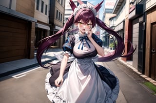 (masterpiece), latias, 1girl, solo,very  long hair, big breasts,  looking at viewer, angry face, screaming, open mouth, outdoor, outdoor, dress, twintails, yellow eyes, short sleeves, purple hair, maid, maid headress, angry aura, aura, ripped_clothes, full body, apron, claw, 2 hands down