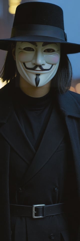 Highly detailed and hyper-realistic photo portrait of (the character V from V For Vendetta:1.4), (wearing a Guy Fawkes mask:1.3), (black fedora hat:1.2), (black Renaissance Doublets Jacket with black leather belt:1.2), (black priest collar:1.3), (long hoodless black cape:1.3), (straight raven hair to the shoulder:1.4), standing in a dark city with rain at night. BREAK (aggressive and provocative expression:1.3), tough pose, (front view:1.4), looking at the viewer, BREAK vaporwave aesthetics, (upper body shot:1.2), blueish visual tone, (night settings:1.2),(well-lit:1.2), eye level, dark smoky background, BREAK (extremely realistic and accurate:1.4), league of legends, octane render, intricate, ultra-realistic, elegant, highly detailed, concept art, smooth, sharp focus,