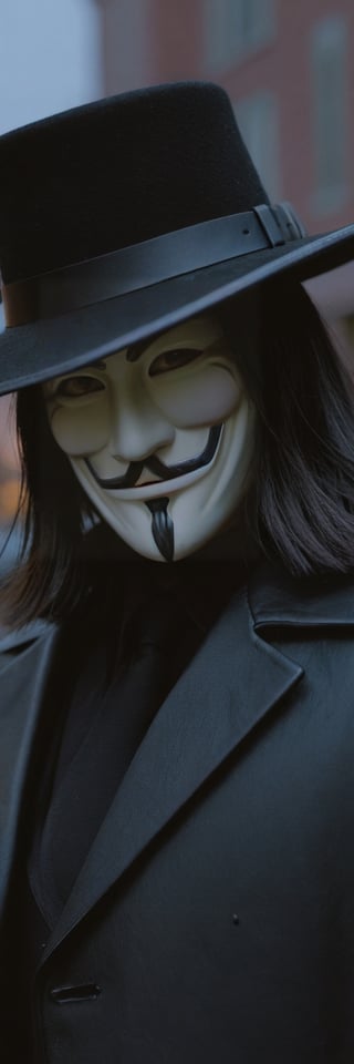 Highly detailed and hyper-realistic photo portrait of (the character V from V For Vendetta:1.4), (wearing a Guy Fawkes mask:1.3), (black fedora hat:1.2), (black Renaissance Doublets Jacket with black leather belt:1.2), (black priest collar:1.3), (long hoodless black cape:1.3), (straight raven hair to the shoulder:1.4), standing in a dark city with rain at night. BREAK (aggressive and provocative expression:1.3), tough pose, (front view:1.4), looking at the viewer, BREAK vaporwave aesthetics, (upper body shot:1.2), blueish visual tone, (night settings:1.2),(well-lit:1.2), eye level, dark smoky background, BREAK (extremely realistic and accurate:1.4), league of legends, octane render, intricate, ultra-realistic, elegant, highly detailed, concept art, smooth, sharp focus,