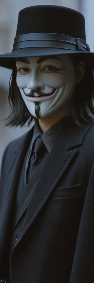 Highly detailed and hyper-realistic photo portrait of (the character V from V For Vendetta:1.4), (wearing a Guy Fawkes mask:1.3), (black fedora hat:1.2), (black Renaissance Doublets Jacket with black leather belt:1.2), (black priest collar:1.3), (long hoodless black cape:1.3), (straight raven hair to the shoulder:1.4), standing in a dark city with rain at night. BREAK (aggressive and provocative expression:1.3), tough pose, (front view:1.4), looking at the viewer, BREAK vaporwave aesthetics, (upper body shot:1.2), blueish visual tone, (night settings:1.2),(well-lit:1.2), eye level, dark smoky background, BREAK (extremely realistic and accurate:1.4), league of legends, octane render, intricate, ultra-realistic, elegant, highly detailed, concept art, smooth, sharp focus,