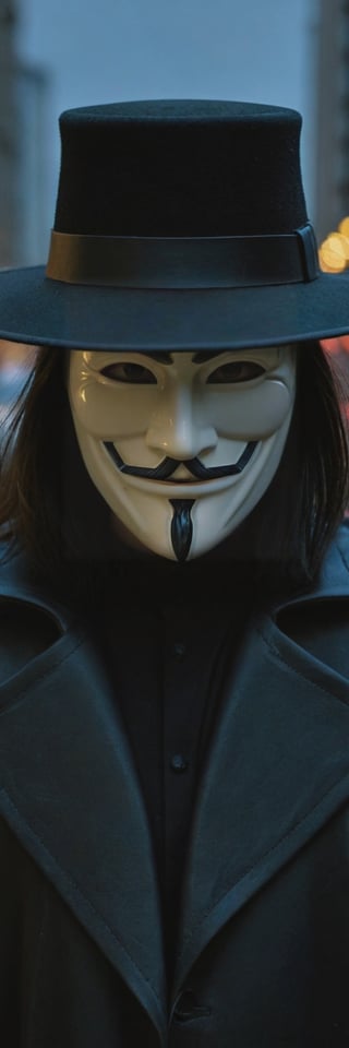 Highly detailed and hyper-realistic photo portrait of (the character V from V For Vendetta:1.4), (wearing a Guy Fawkes mask:1.3), (black fedora hat:1.2), (black Renaissance Doublets Jacket with black leather belt:1.2), (black priest collar:1.3), (long hoodless black cape:1.3), (straight raven hair to the shoulder:1.4), standing in a dark city with rain at night. BREAK (aggressive and provocative expression:1.3), tough pose, (front view:1.4), looking at the viewer, BREAK vaporwave aesthetics, (upper body shot:1.2), blueish visual tone, (night settings:1.2),(well-lit:1.2), eye level, dark smoky background, BREAK (extremely realistic and accurate:1.4), league of legends, octane render, intricate, ultra-realistic, elegant, highly detailed, concept art, smooth, sharp focus,