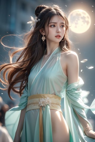 The background is midnight sky,big moon,dark night,floral leaf blowing,16 yo, 1 girl, flying in the air,halo,shining bracelet,beautiful hanfu(transparent), cloth blowing in wind, solo, {beautiful and detailed eyes}, calm expression, natural and soft light, delicate facial features, cute japanese idol, very small earrings, ((model pose)), Glamor body type, (dark hair:1.2),  beehive,big bun,very_long_hair, hair past hip, curly hair, flim grain, realhands, masterpiece, Best Quality, photorealistic, ultra-detailed, finely detailed, high resolution, perfect dynamic composition, beautiful detailed eyes, eye smile, ((nervous and embarrassed)), sharp-focus, full_body, sexy pose,cowboy_shot,ruanyi0060