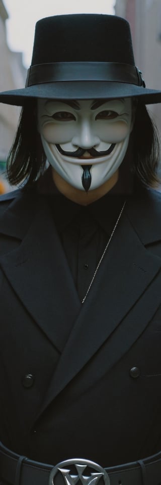 Highly detailed and hyper-realistic photo portrait of (the character V from V For Vendetta:1.4), (wearing a Guy Fawkes mask:1.3), (black fedora hat:1.2), (black Renaissance Doublets Jacket with black leather belt:1.2), (black priest collar:1.3), (long hoodless black cape:1.3), (straight raven hair to the shoulder:1.4), standing in a dark city with rain at night. BREAK (aggressive and provocative expression:1.3), tough pose, (front view:1.4), looking at the viewer, BREAK vaporwave aesthetics, (upper body shot:1.2), blueish visual tone, (night settings:1.2),(well-lit:1.2), eye level, dark smoky background, BREAK (extremely realistic and accurate:1.4), league of legends, octane render, intricate, ultra-realistic, elegant, highly detailed, concept art, smooth, sharp focus,