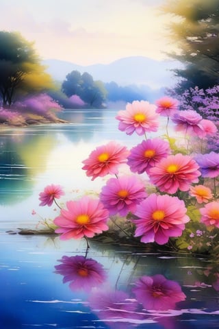 Create a high-resolution image of a tranquil riverbank featuring vibrant ref flowers. Use watercolor techniques to capture the delicate petals and their vivid contrast against the reflective water. The artwork should showcase the flowing movement of the river and the subtle variations in the flowers’ shades, blending high-definition clarity with the soft