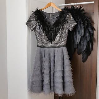 gray party dress with glitter and short sleeve with alot of black feathers on it ,the dress hanging in closet