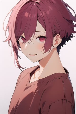 ((best quality)), ((masterpiece)), ((ultra-detailed)), extremely detailed CG, (illustration), ((detailed light)), (an extremely delicate and beautiful), a boy, solo, ((upper body,)), handsome,akane_yanagi,wear red shirt and jeans ,smile,look at the viewer , white background 