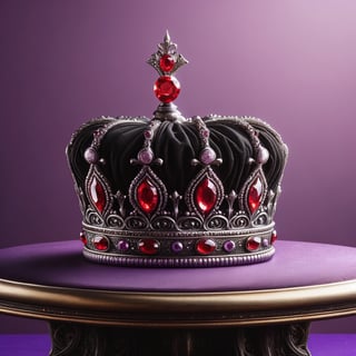 A black crown with a red gem on a purple table 