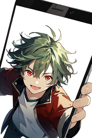 1boy, solo, messy hair, looking at viewer, smile, open mouth, bangs, green hair, , cool clothe, red eyes, virtual youtuber, from above, phone screen,LegendofHeroes