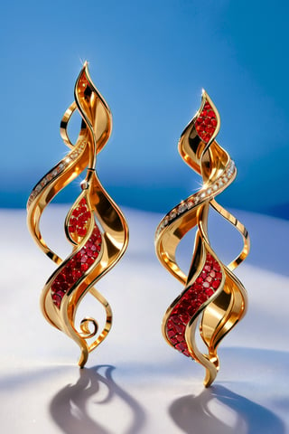 A golden wavy earring with a red and small diamonds 