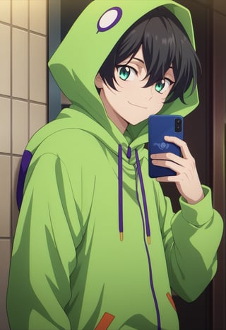 score_9, score_8_up, score_7_up, score_6_up, highly detailed, masterpiece, best quality,detailed,intricate details, amazing quality, best aesthetic, absurdres,source_anime,male focus, 1boy, Miya Chinen, black hair, green eyes, male focus,green hoodie,hood down,smile,look so cute,hold his phone 