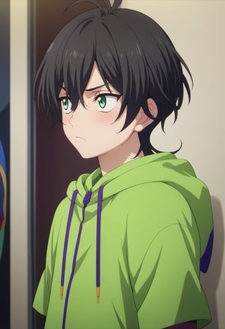 score_9, score_8_up, score_7_up, score_6_up, highly detailed, masterpiece, best quality,detailed,intricate details, amazing quality, best aesthetic, absurdres,source_anime,male focus, 1boy, Miya Chinen, black hair, green eyes, male focus,green hoodie,hood down,blush ,look so cute,look away ,pout 