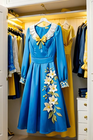 A blue dress with small  yellow flower , long  sleeves,Beautiful white decoration ، handle hanging in a closet