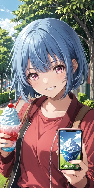 solo, looking at viewer, smile, bob hair, bangs, blue hair, shirt, 1girl, pink eyes, jacket,red shirt, upper body, female focus, outdoors, day, grin, open jacket, tree, phone,hold Shaved ice  , cellphone, grass, smartphone,  jacket, phone screen,girl ,polka_shinoyama