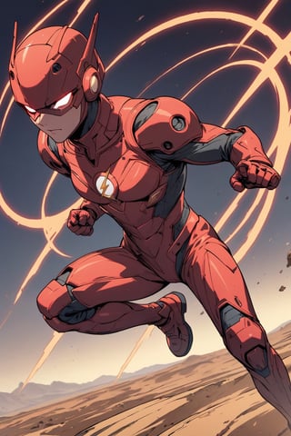 (masterpiece, best quality, highly detailed, ultra-detailed, intricate), illustration, pastel colors, offcial art,

DC style, (The Flash:1.3), solo, (1 man),(wearing red_battle_suit without mask), ,, background is a circle lightning , [full_body|upper_body], flying in the sky, running pose,(background is desert the pure dark blue space), 

high_view,
super detail face,comic book, enchanced_color, ,portraitart,brccl