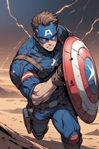 (masterpiece, best quality, highly detailed, ultra-detailed, intricate), illustration, pastel colors, offcial art,

Marvel style, (Captain America:1.3), solo, (1 man), (wearing shield on left arm), (some lightning in the background:1.2), [full_body|upper_body], flying in the sky, fighting pose,(background is desert the pure dark blue space), 

high_view,
super detail face,comic book, enchanced_color, ,portraitart,brccl