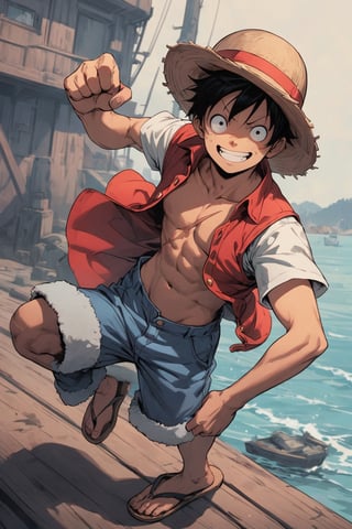 (masterpiece, best quality, highly detailed, ultra-detailed, intricate), illustration, pastel colors, official art, realistic,
尾田榮一郎 style, (Monkey D. Luffy:1.3), solo, (1 man:1.2), (black hair), (wearing straw hat , opened red vest without underwear, flip flops , blue shorts), X scar on the chest,  fighting pose, punching pose,
[upper_body|full_body], (smiling face), (background is ship deck and sea and boats),
sideview, super detail face,comic book, enchanced_color, portraitart