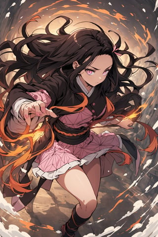 (masterpiece, best quality, highly detailed, ultra-detailed, intricate), illustration, pastel colors, offcial art, half realistic,

Kimetsu no Yaiba style, (Kamado Nezuko:1.35), solo, (1 woman has big pink eyes),(high_cut skirt and show the long legs),[full_body|upper_body], standing in the sky, (fighting pose:1.2),(background is white snowing forest), (pink long nails), (serious face)

high_view,
super detail face,comic book, enchanced_color, ,portraitart,brccl