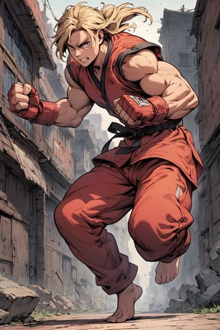 (masterpiece, best quality, highly detailed, ultra-detailed, intricate), illustration, pastel colors, offcial art, realistic, 
Street Fighter style, (Ken:1.4), solo, (1 very strong muscle man), blond middle part hair, (wearing red sleeveless karate uniform and fingerless boxing gloves and  barefoot), 
[full_body], (serious face),
sideview, super detail face,comic book, enchanced_color, ,portraitart