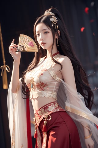 The background is an ancient Chinese dancer, 1 girl, a beautiful Korean girl, holding a gorgeous fan, with a beautiful hairpin, very long hair, past the waist (curly hair, dark hair), sleeveless cloth (lace transparent ), cloak, skirt,
Best quality, realistic, ultra-detailed, fine, high resolution, perfect dynamic composition, sharp focus,